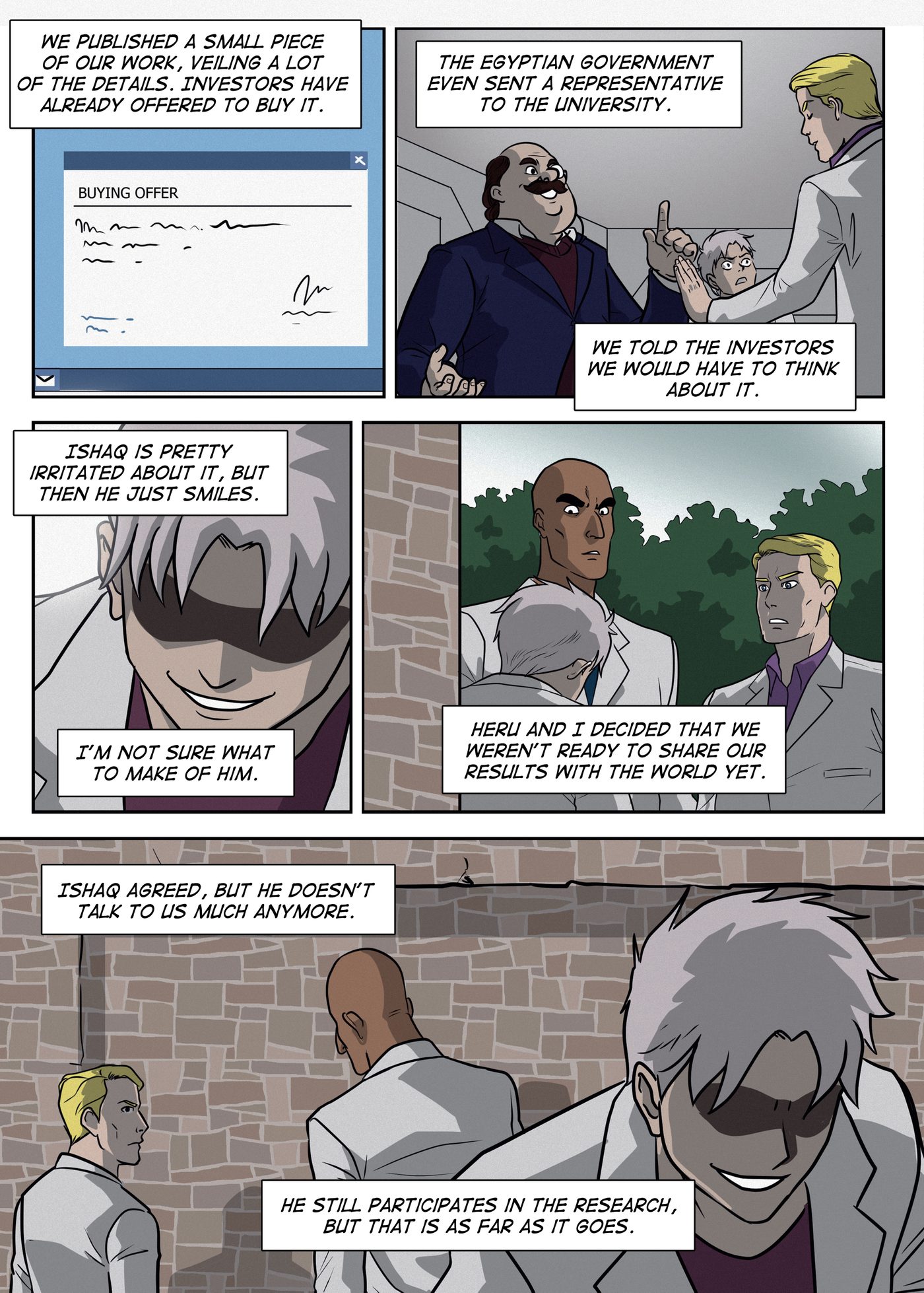 Bonus Material, page 8: A buying offer appears on a computer, a mustached representative meets the scientists, Ishaq smiles in shadow, and Heru and Qeb talk while Ishaq walks off.