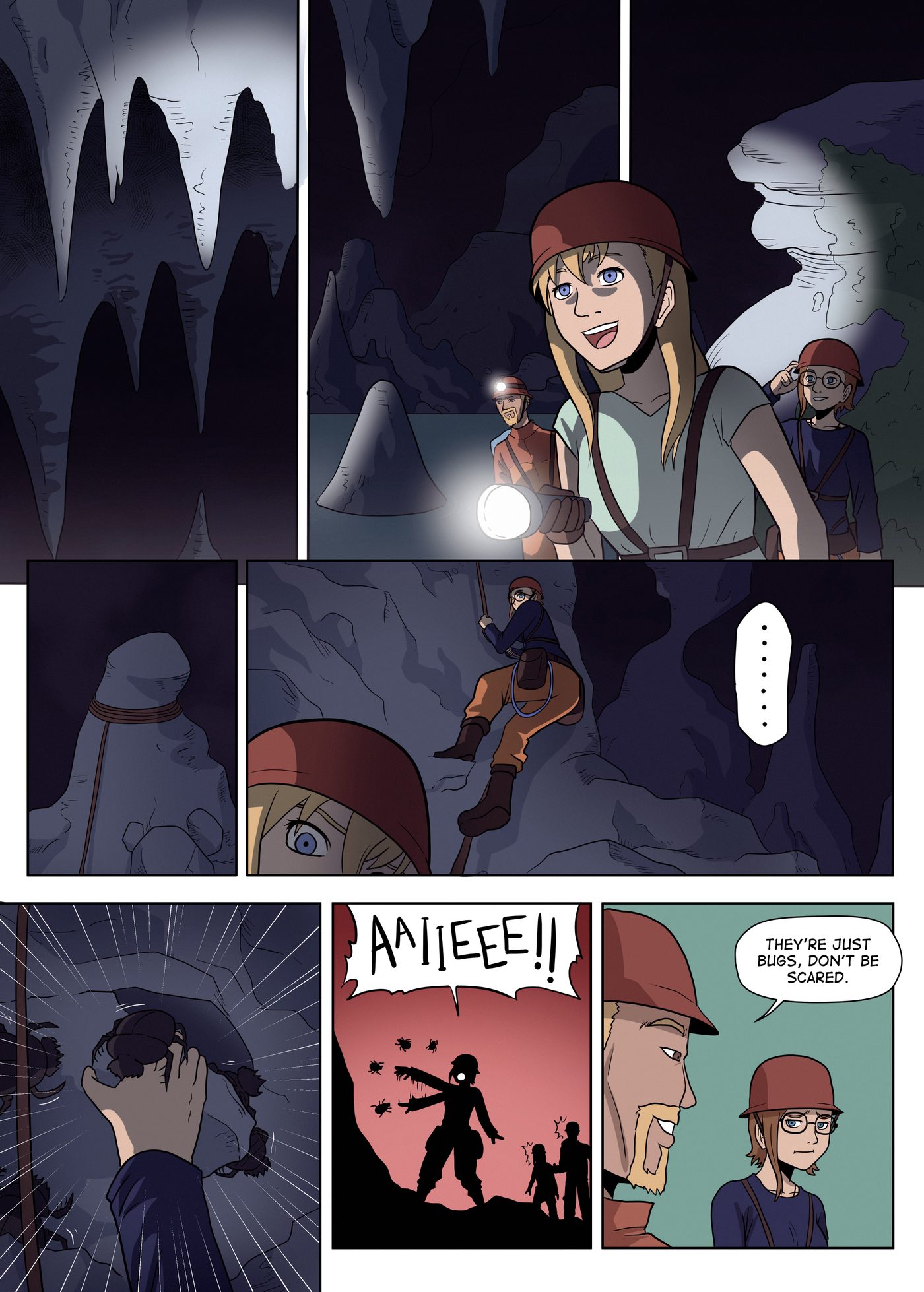 Chapter 1, page 2: The cavers explore stalactite chambers and rappel down; Lily lifts a rock and shrieks as beetles swarm out, while the bearded man grins.