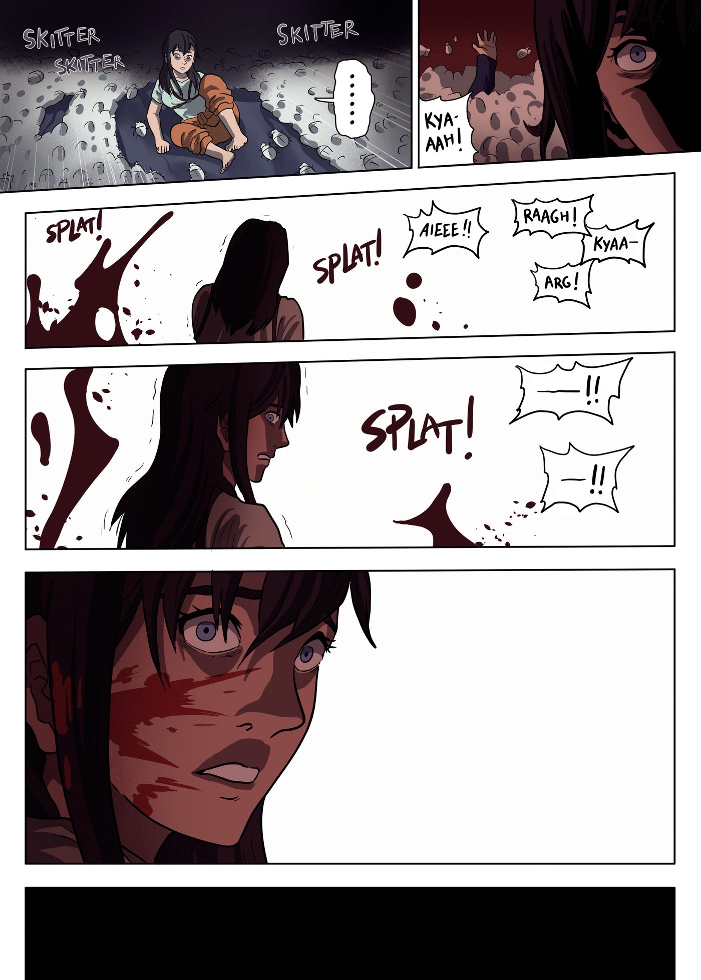 Chapter 1, page 9: Lily sits untouched as beetles skitter past; screams and splats sound off panel, and blood spatters her face as she stares in shock.