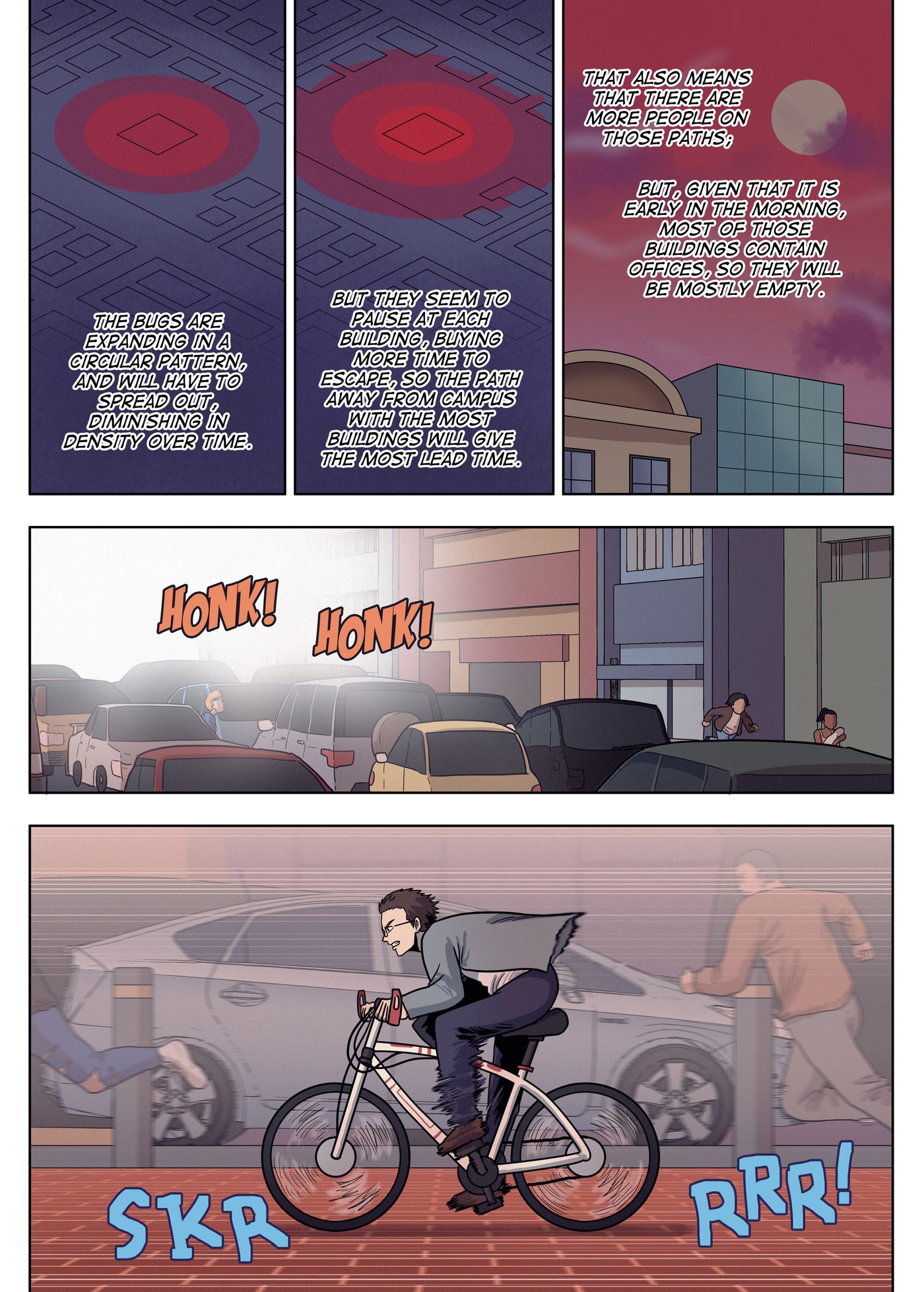 Chapter 2, page 7: Garai reasons through maps of the spreading bugs, then bikes past a honking traffic jam on a city street.