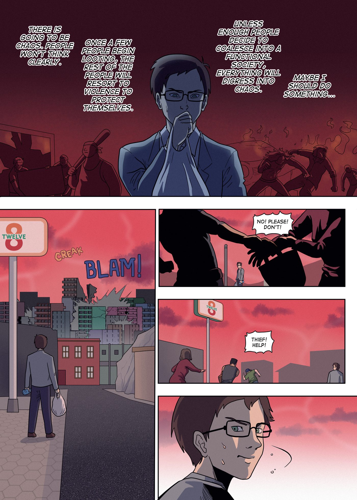 Chapter 2, page 9: Garai imagines looting and violence, watches a building fall in the distance, and hears a robbery nearby before smiling nervously.