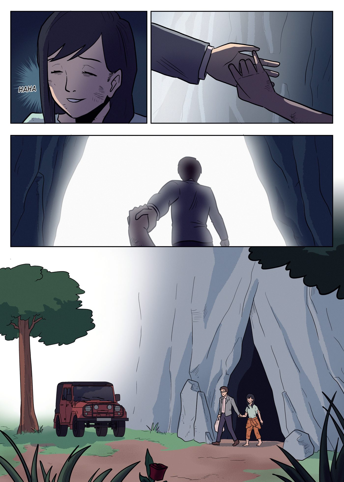 Chapter 3, page 7: Lily laughs, takes Garai's hand, and the two walk out of the cave into daylight beside the red jeep parked under a tree.