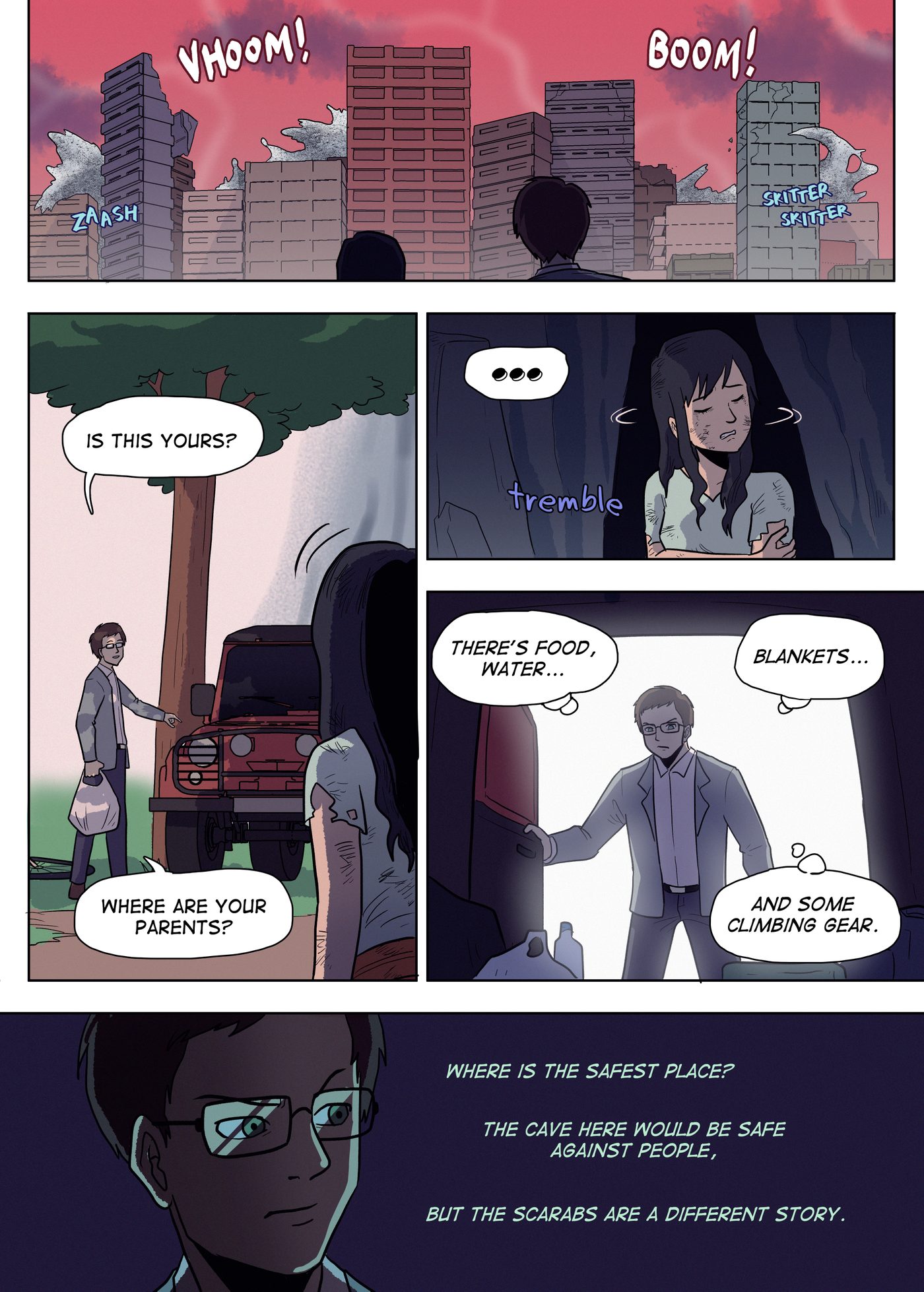 Chapter 3, page 8: Garai and Lily look at the ruined city, Garai asks about the jeep and her parents, then inspects the supplies inside it.