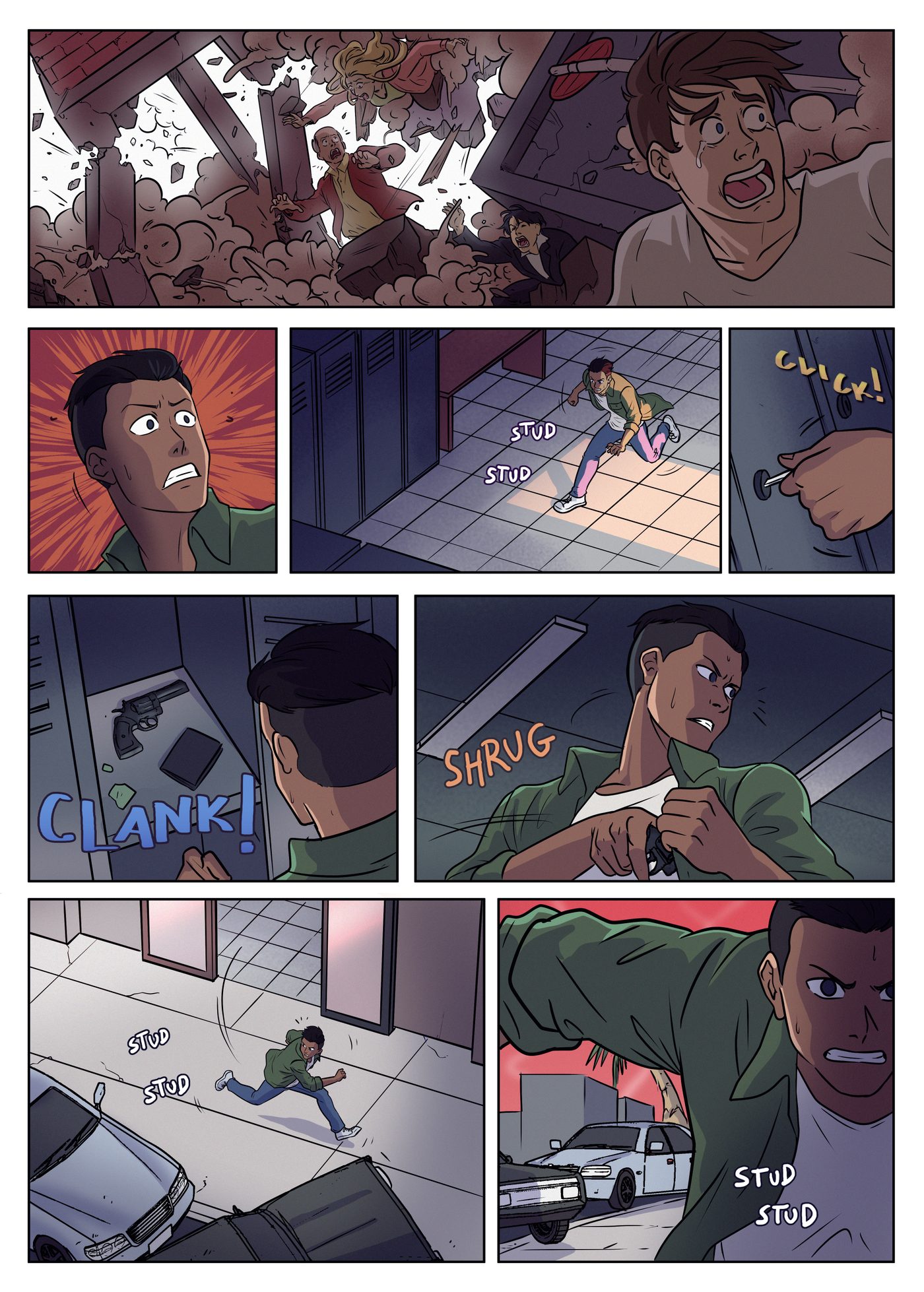 Chapter 4, page 2: Hondo screams as a building collapses on people, then runs to a locker, grabs a revolver and sprints out through a parking lot.
