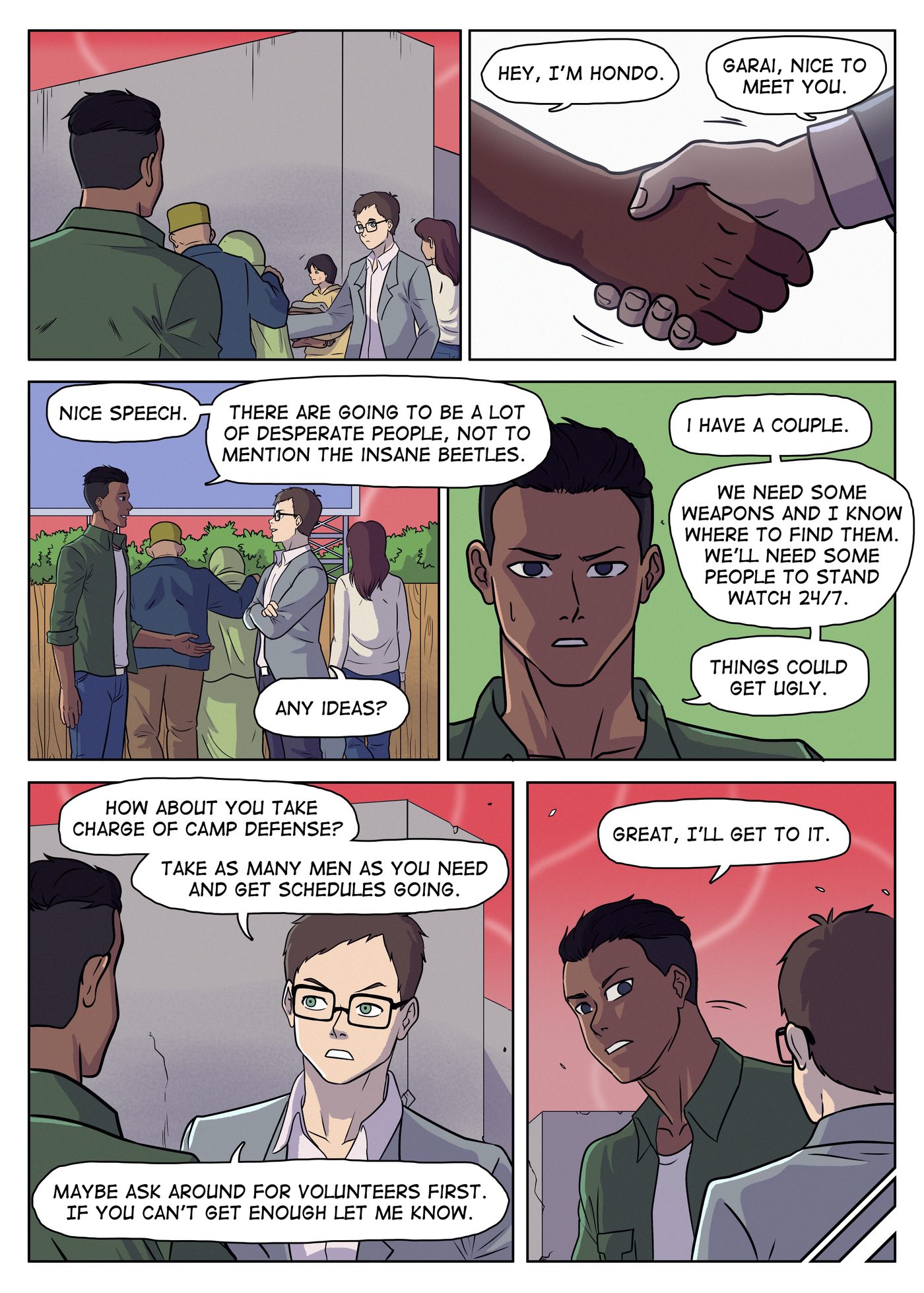 Chapter 4, page 13: Hondo introduces himself to Garai with a handshake and they agree Hondo will take charge of camp defense.