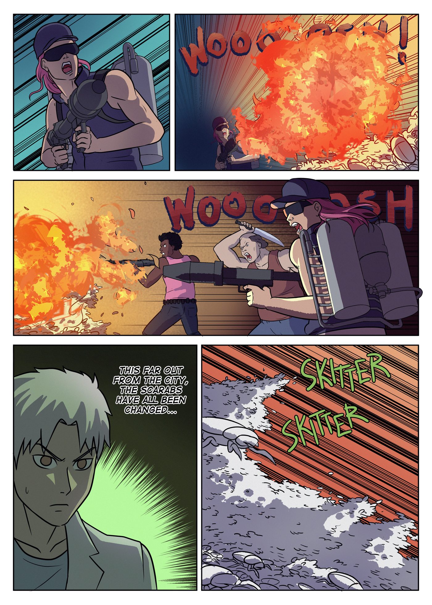 Chapter 6, page 3: A pink-haired woman with a flamethrower torches the scarab swarm while a man with a rifle fires; Ishaq watches grimly.