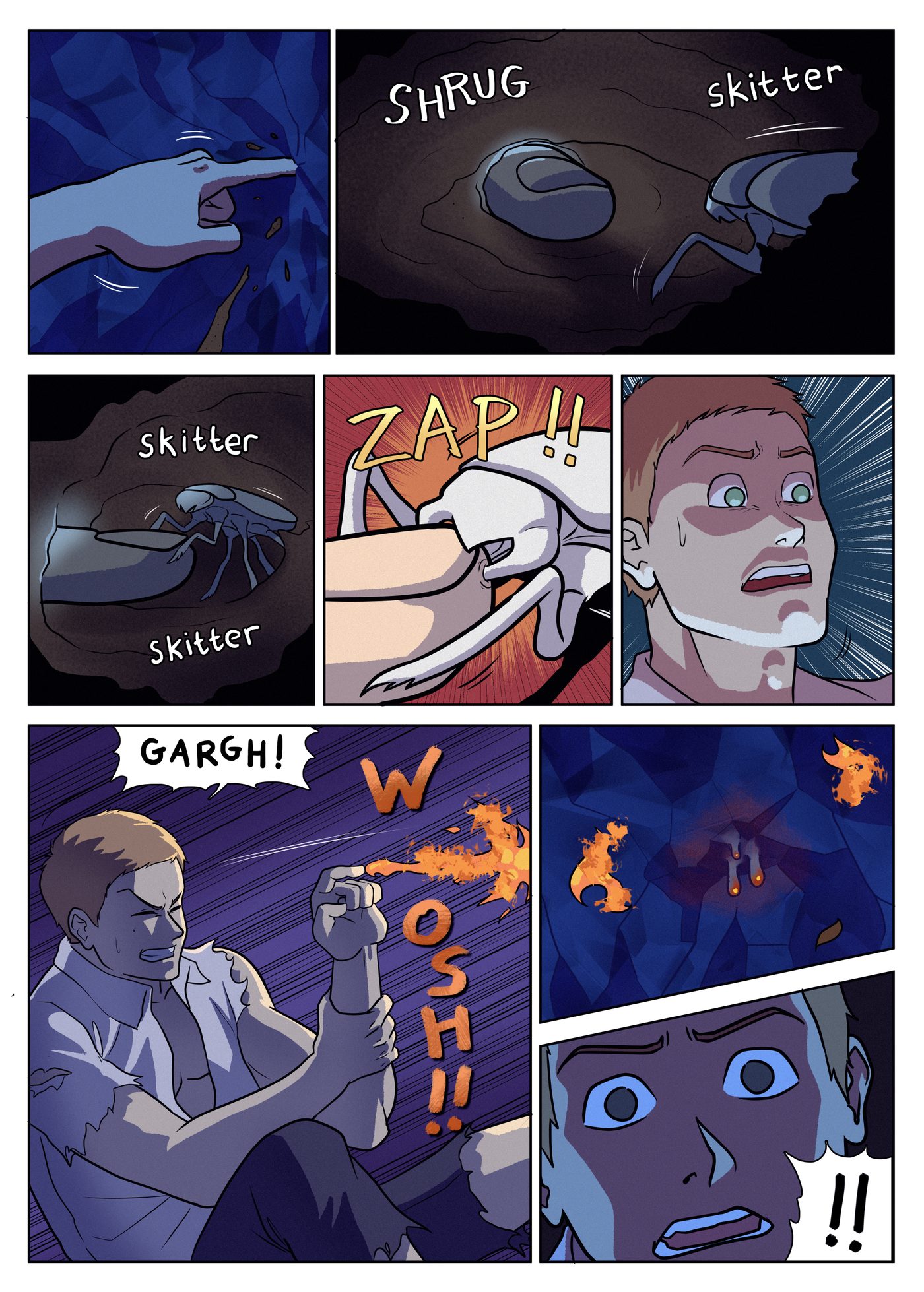 Chapter 7, page 4: A scarab crawls through the gap Garai opened and zaps his finger; a burst of fire shoots from his hand and he stares at it in shock.