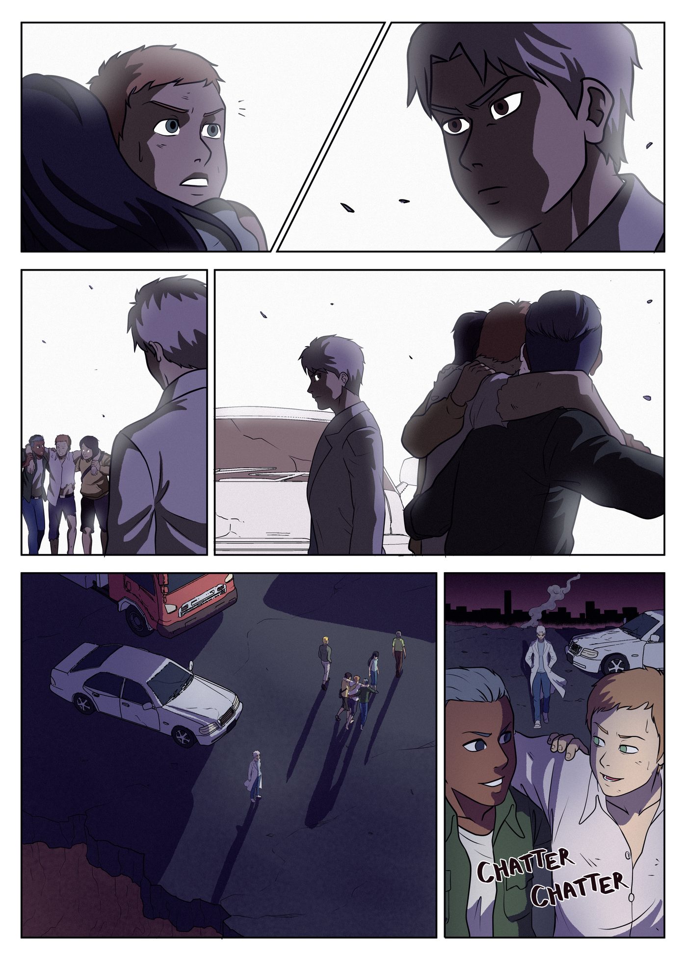 Chapter 7, page 11: Garai is helped away by friends while another man watches; from above, the group crosses a lot toward a man in a lab coat.
