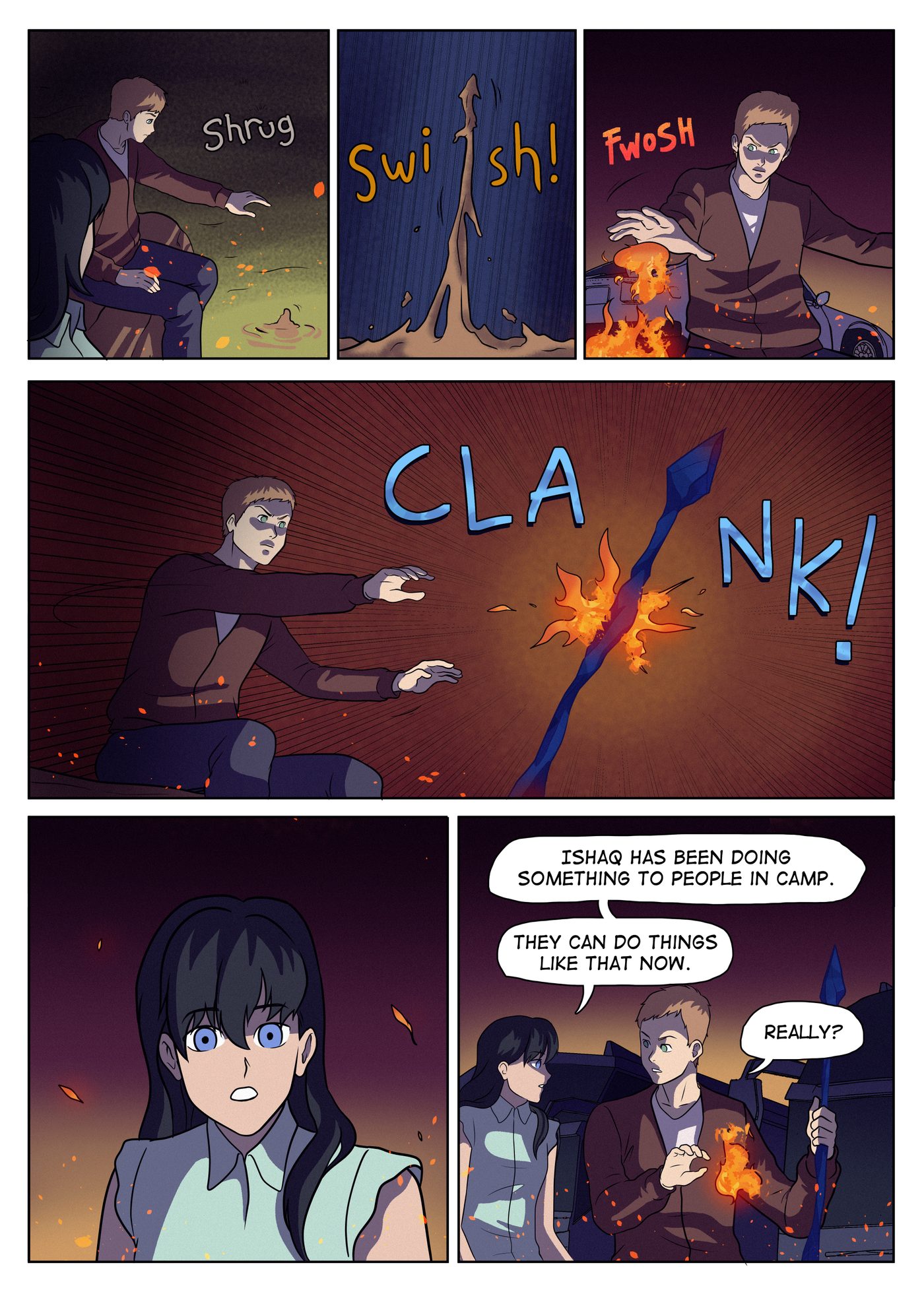 Chapter 7, page 13: Garai lifts mud into a spike, catches fire from the barrel, and clashes them together as Lily watches in surprise.