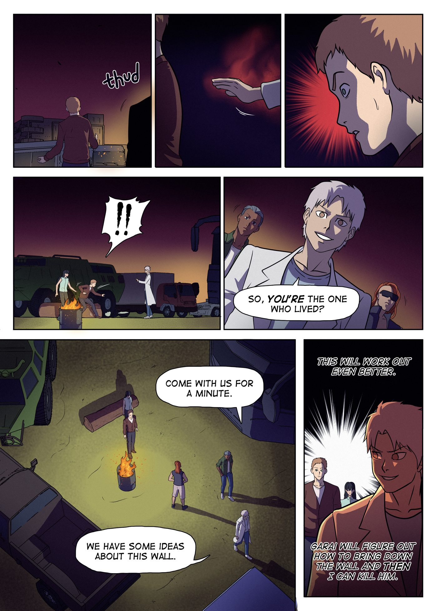 Chapter 7, page 15: Ishaq and Hondo approach Garai and Lily at the fire barrel, while a red-haired man in sunglasses smirks and plots in secret.