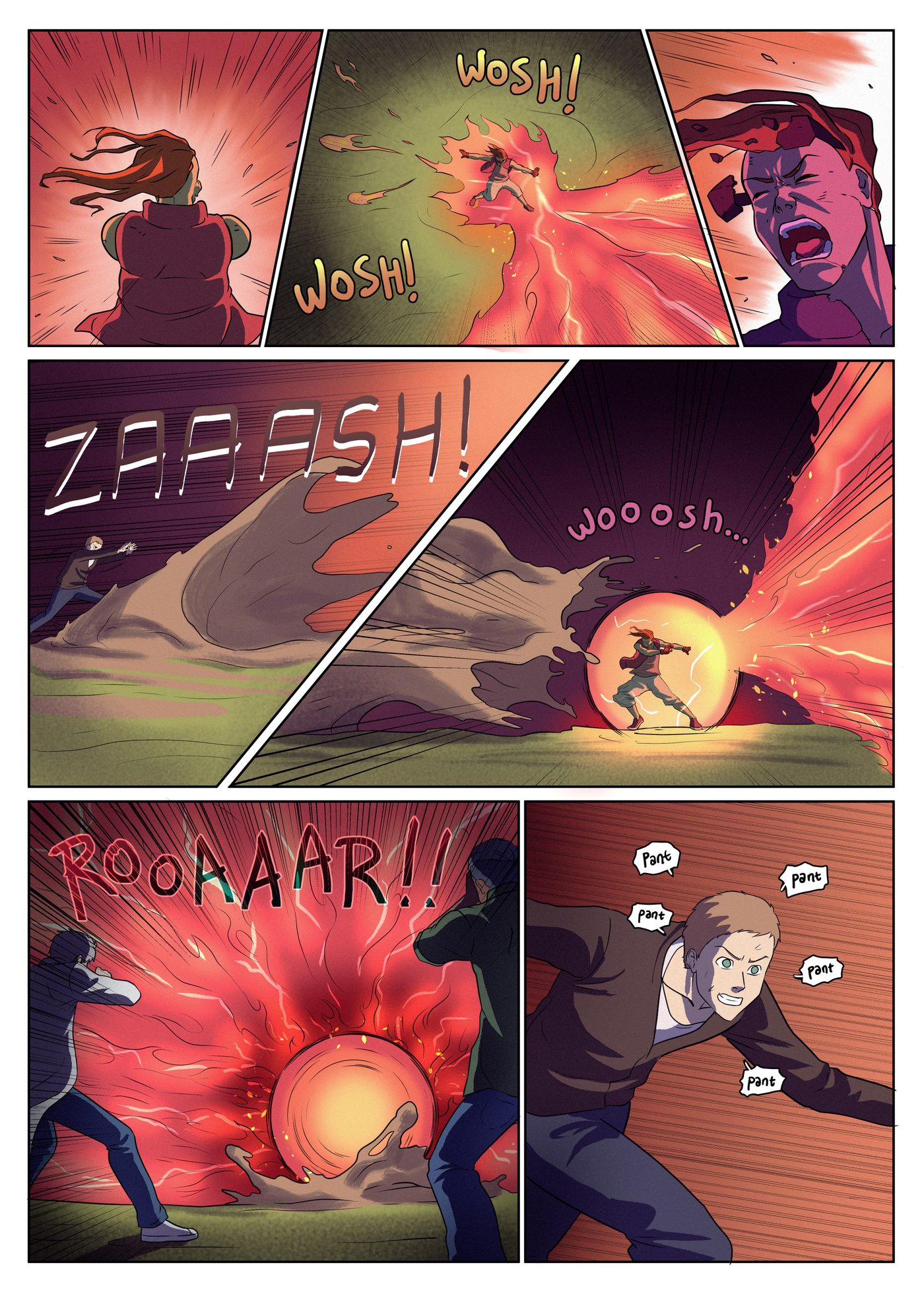 Chapter 8, page 4: Tarek is engulfed in a sphere of fire and lightning as a wave of mud crashes toward him and Garai runs in, panting.