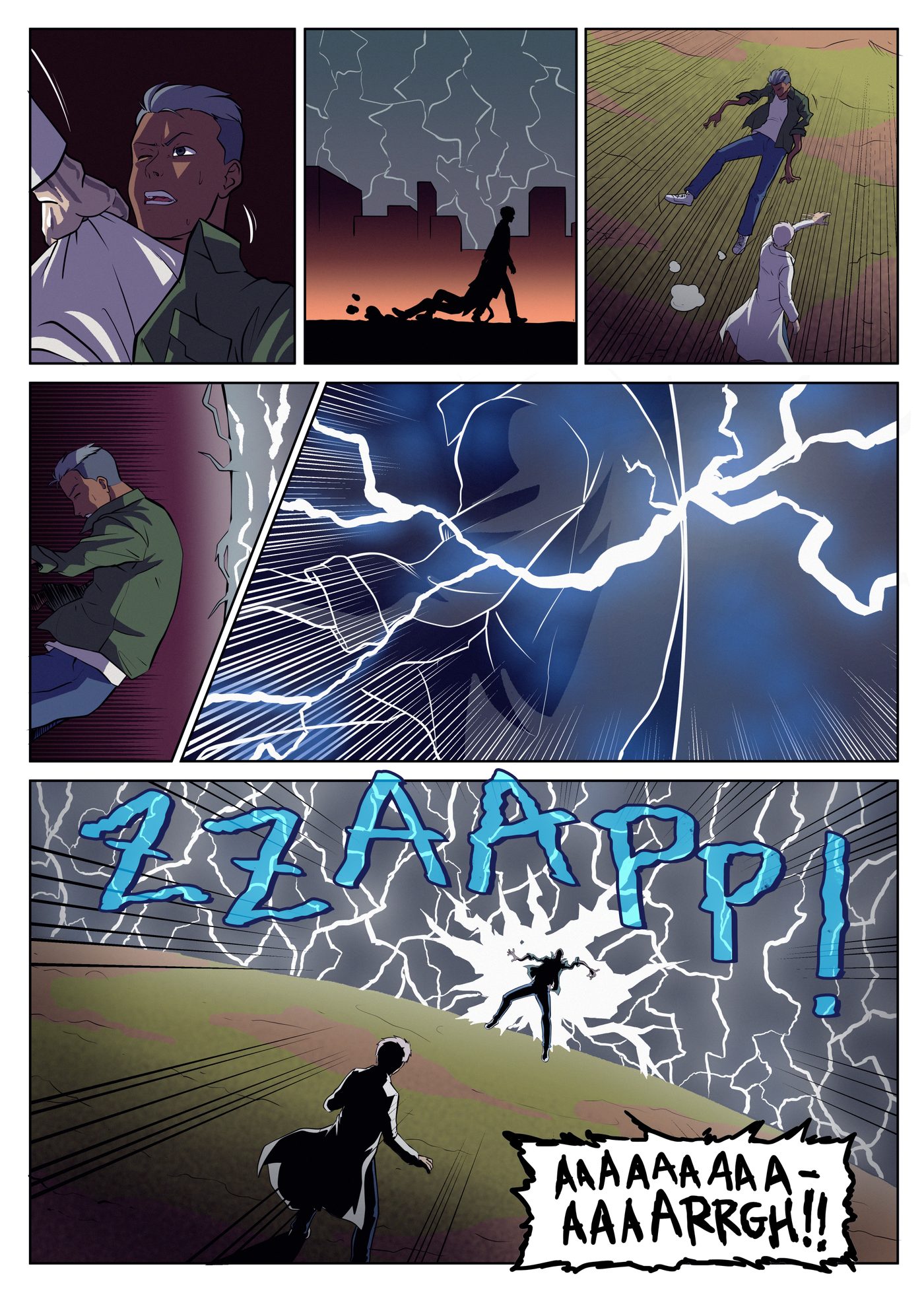 Chapter 8, page 9: Ishaq hurls Hondo across the field into the lightning wall, where he is electrocuted in a massive burst.
