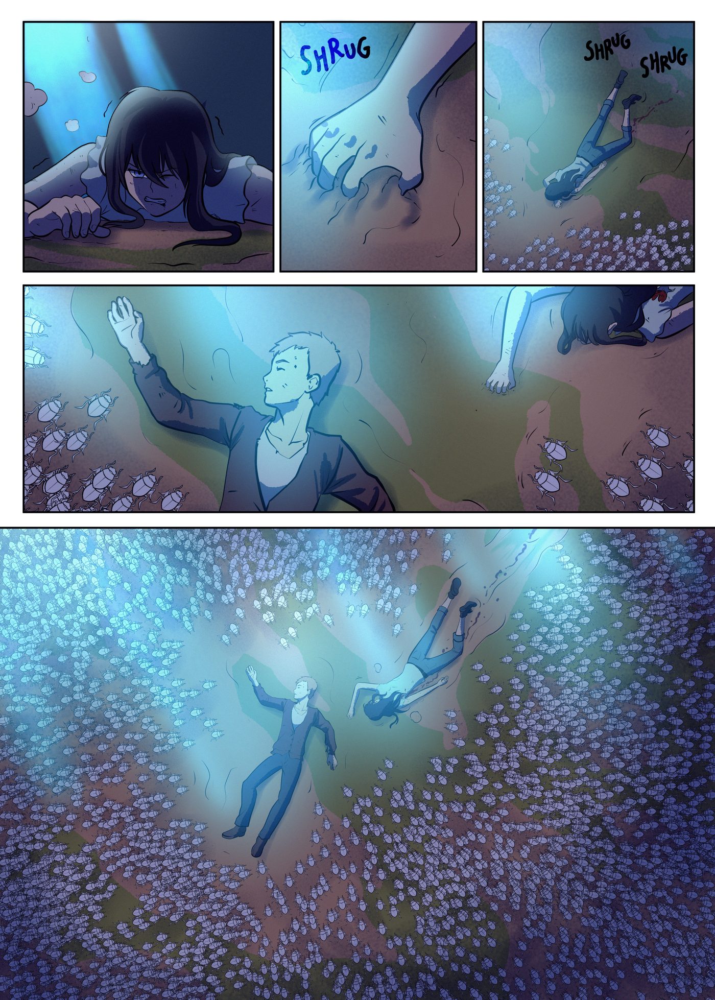 Chapter 8, page 15: Lily drags herself across the dirt and collapses, and she and the brown-haired man lie unconscious in a clearing among a sea of white scarabs.
